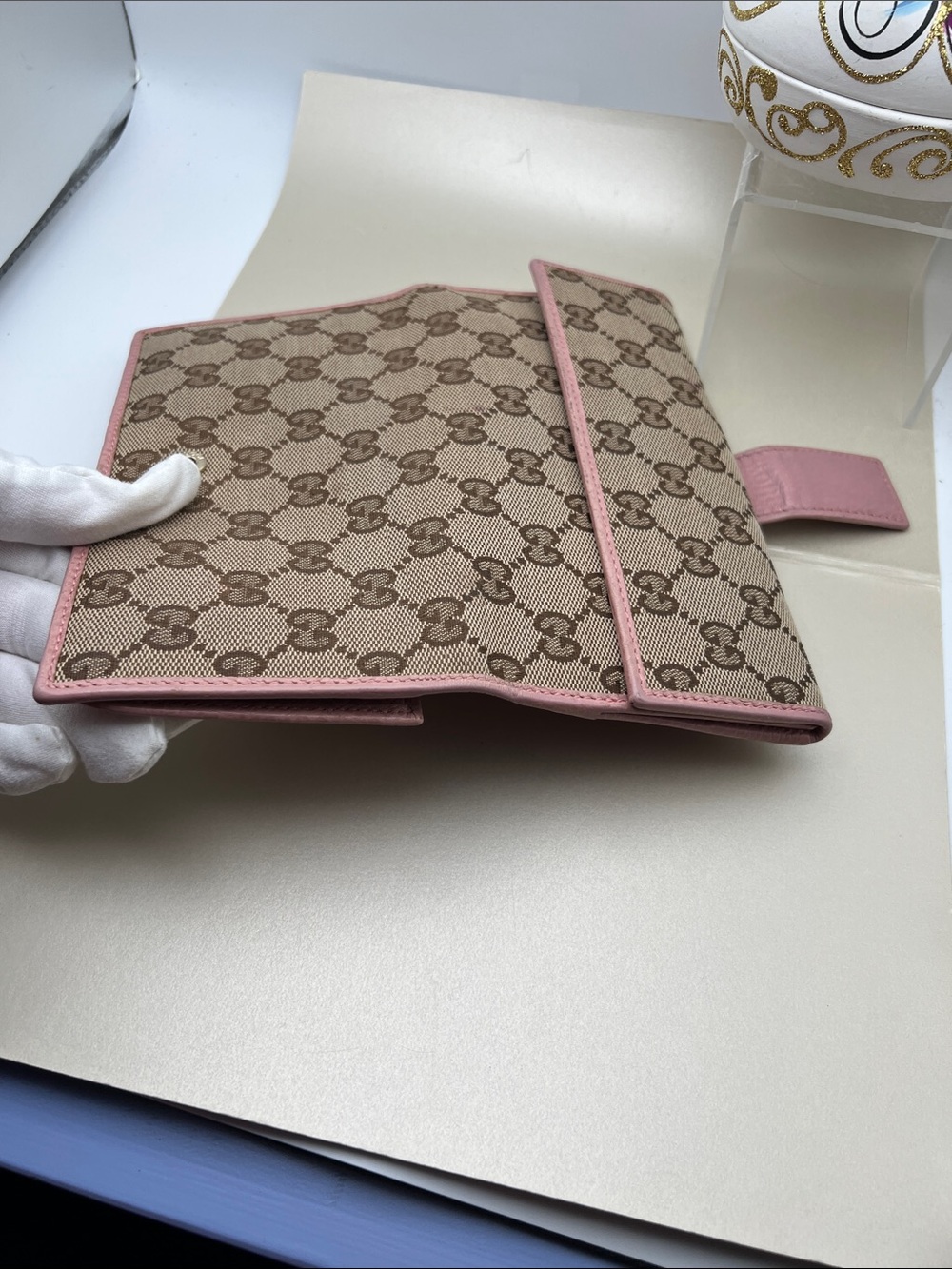 Gucci Beige GG Canvas Continental Long Wallet with Pink Leather Trim Bifold GC - Picture 16 of 17